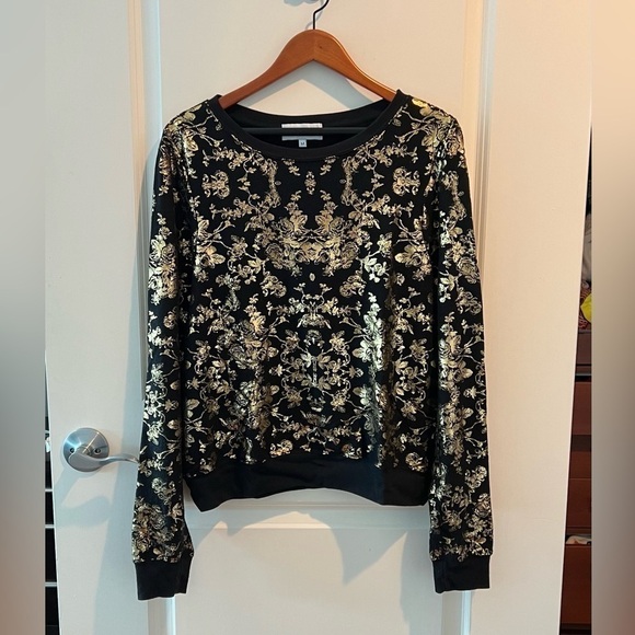 Wildfox Metallic Gold Foil Rose Pattern Print Black Crewneck Sweatshirt - Picture 2 of 16
